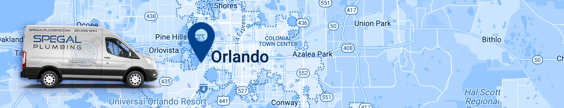 orlando pumbling company, service car with logo of Spegal Plumbing, and map pinpointing Orlando