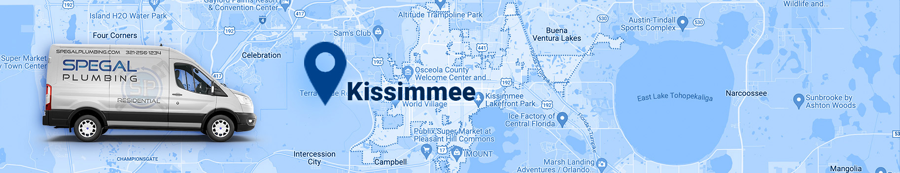 kissimmee plumber, service car with logo of Spegal Plumbing, and map showing Kissimmee