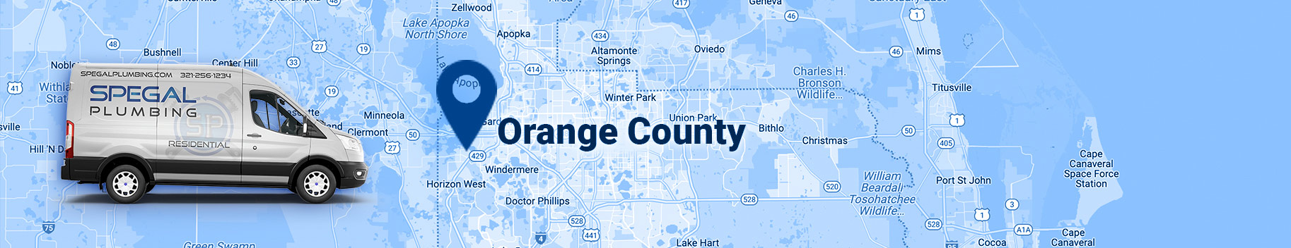 maitland plumber, service car with logo of Spegal Plumbing, and map pointing Orange County location