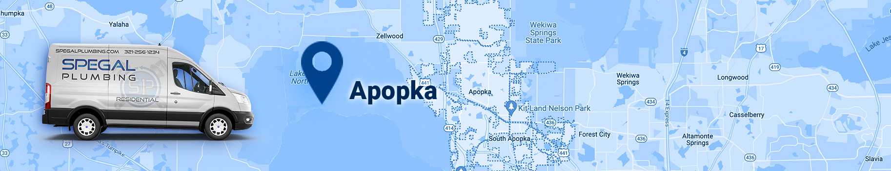 plumber apopka, service car with logo of Spegal Plumbing, and map pointing Apopka location