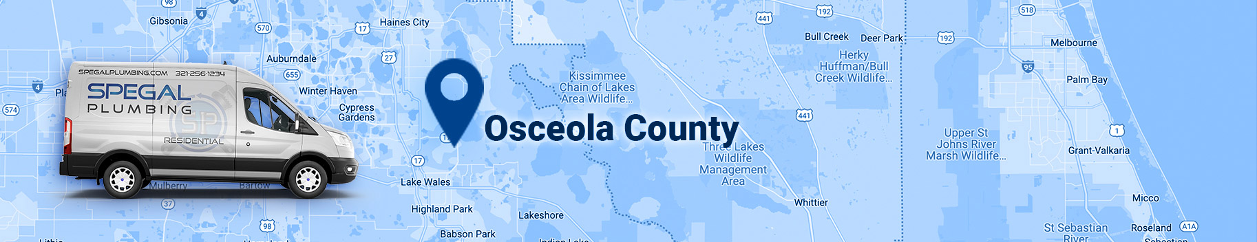 plumber st cloud, graphic depicting service car with the Speagle Plumbing logo on a map pinpointing Osceola County
